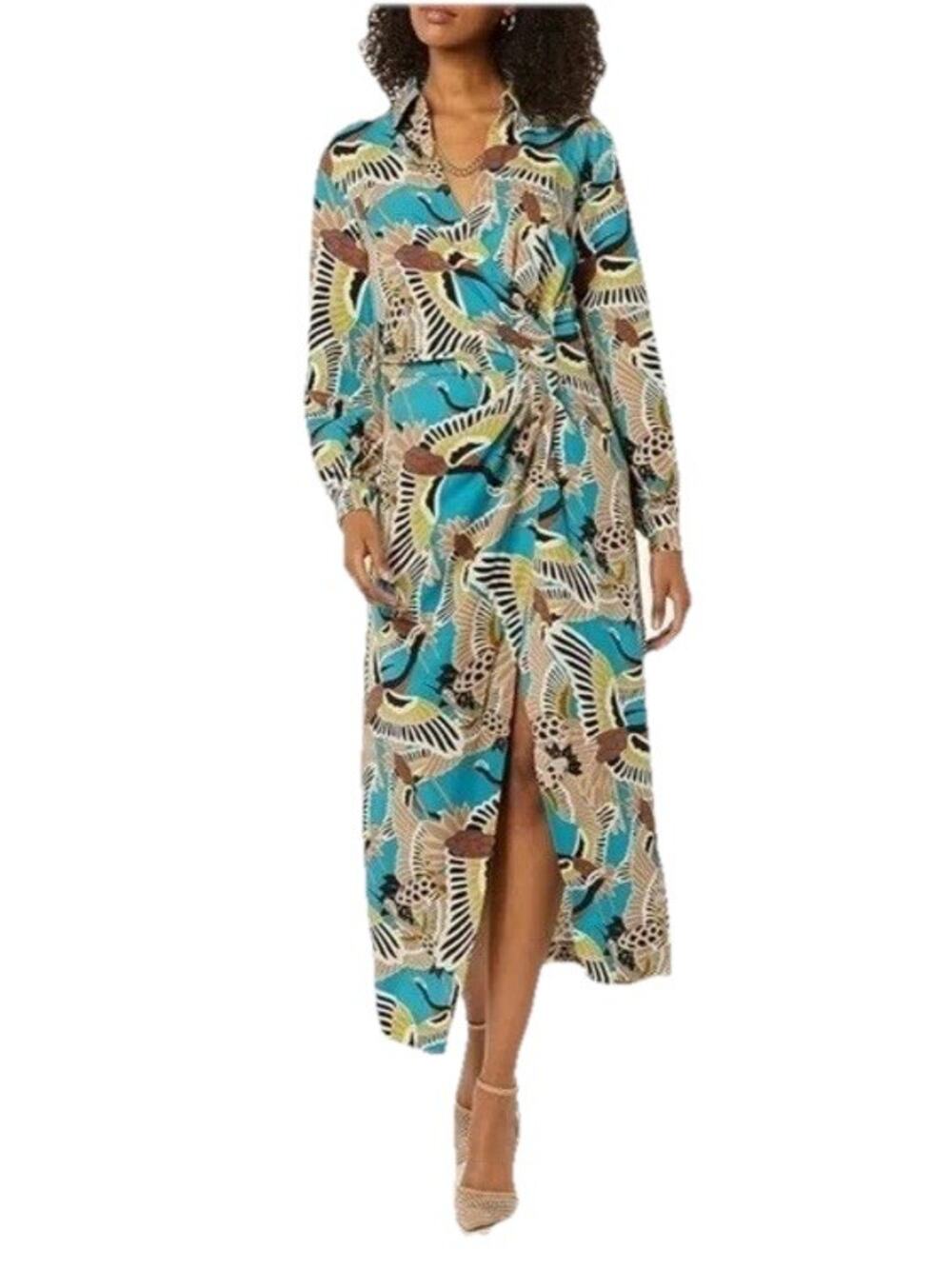 Terea by Andrea Pitter Women’s Blue Crane Print Midi Dress Faux Wrap Large NWT 2